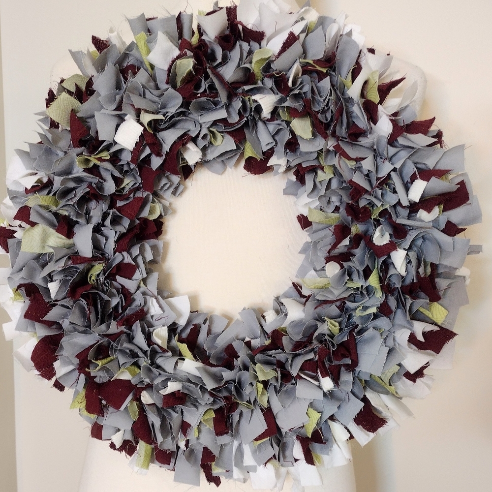 Hand crafted rag wreath, up-cycled, gray, maroon, white, lime green
